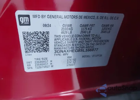 2025 Chevrolet Equinox Fwd Lt из США, поврежденный, VIN 3GNAXHEG8SL166977